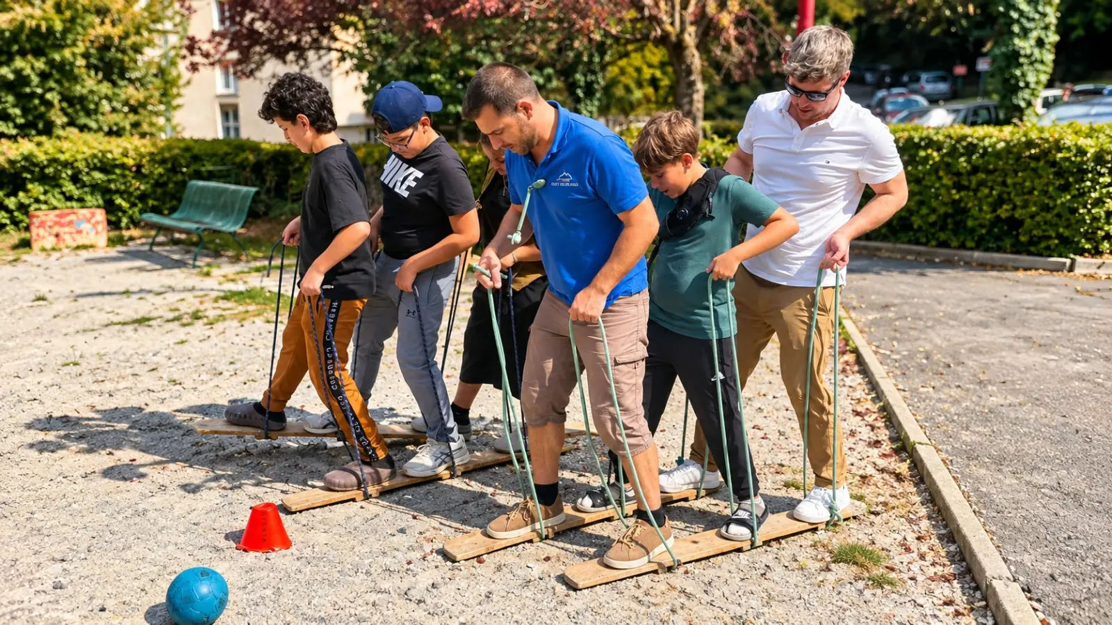 Des collaborateurs d’entreprise et des jeunes relèvent ensemble un défi d’équipe en plein air